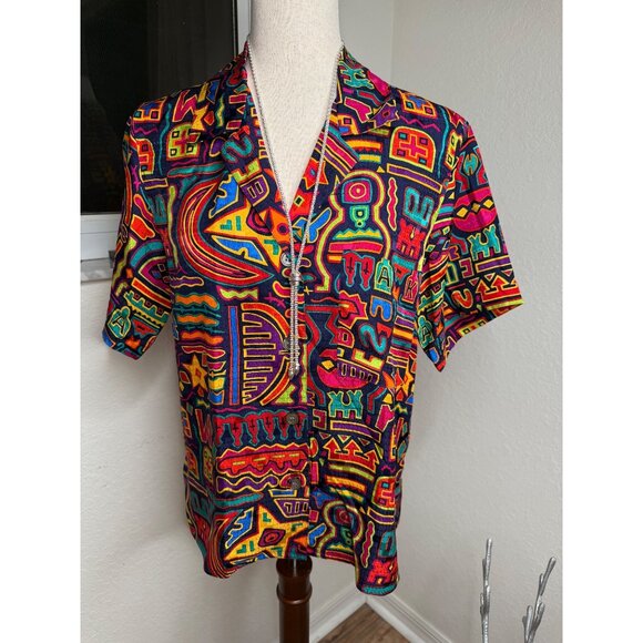 Vtg 80s Art to wear Ann Klein II 8 100% Silk Button-Up Shirt Abstract Retro - Picture 1 of 12